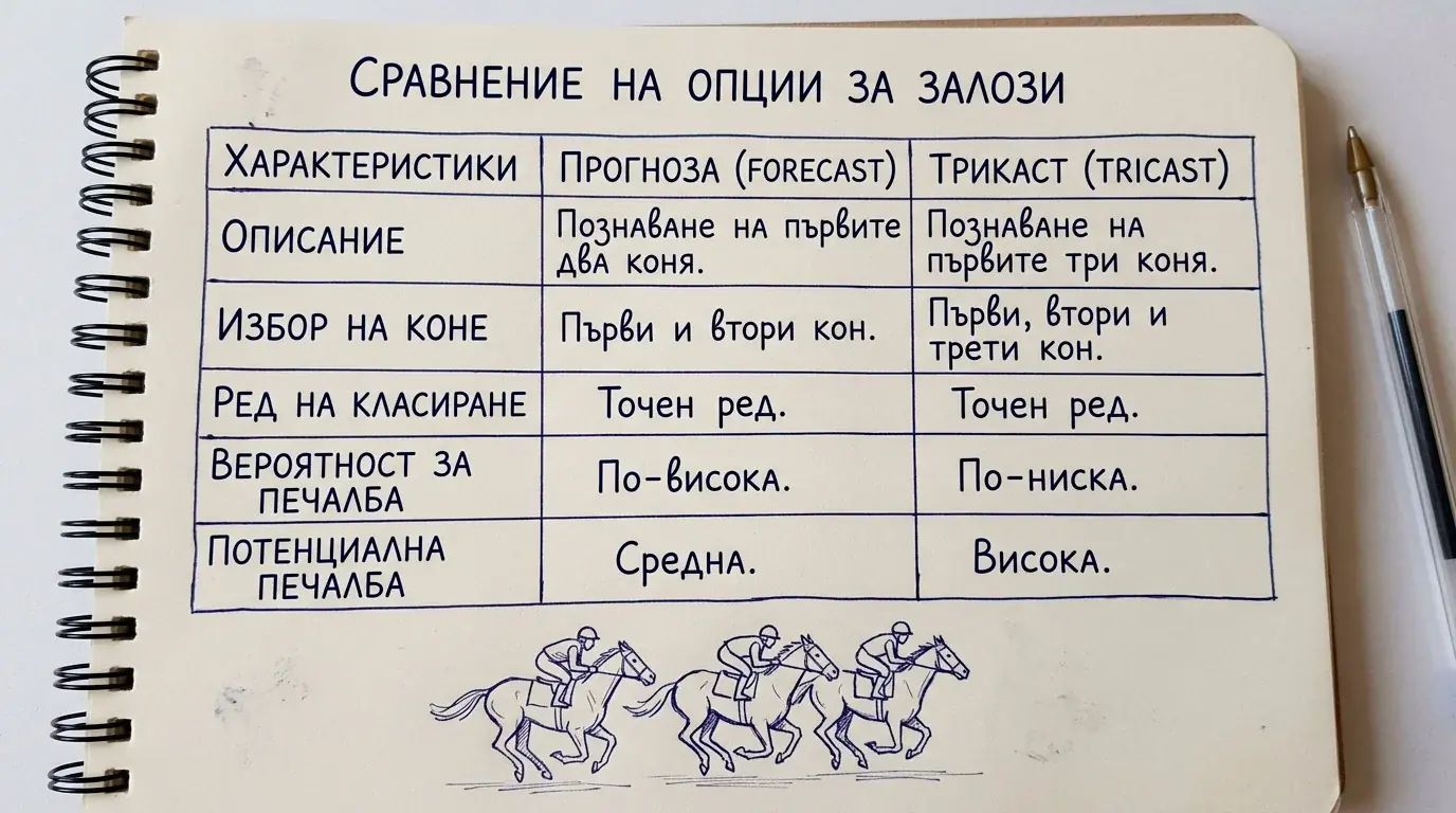 Сравнение между Forecast и Tricast залози при конни надбягвания