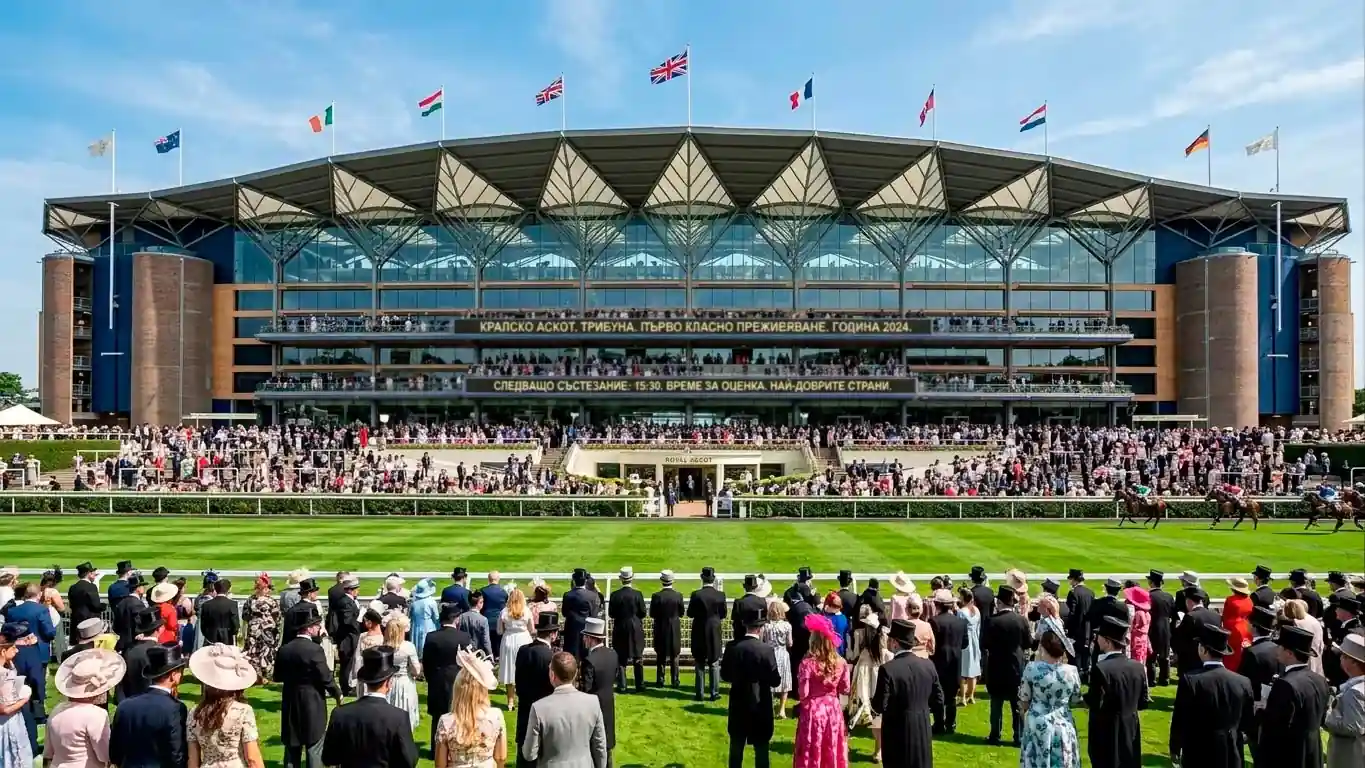 Хиподрумът Royal Ascot — трибуни и тревна писта по време на фестивала